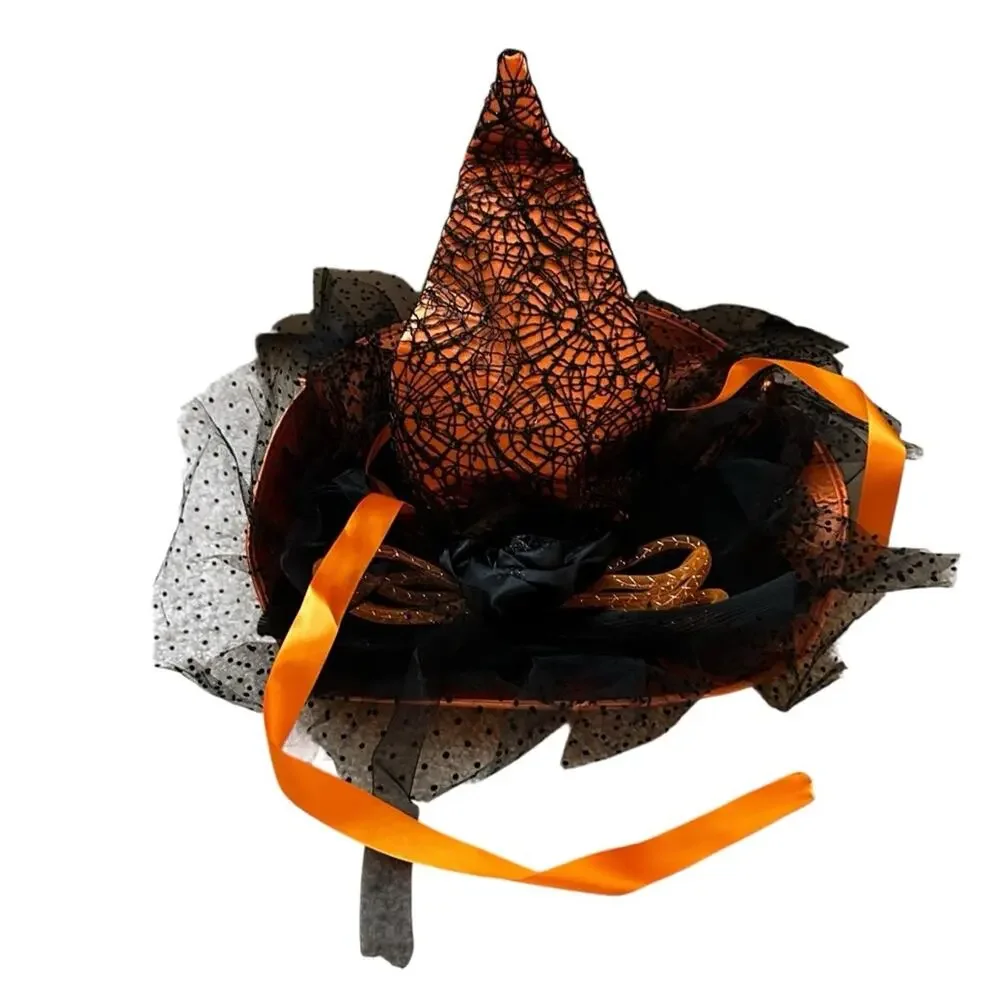 NWOT Halloween‎ Witches Hat Orange & Black Tulle Ribbons Bow Spider Webs Youth
